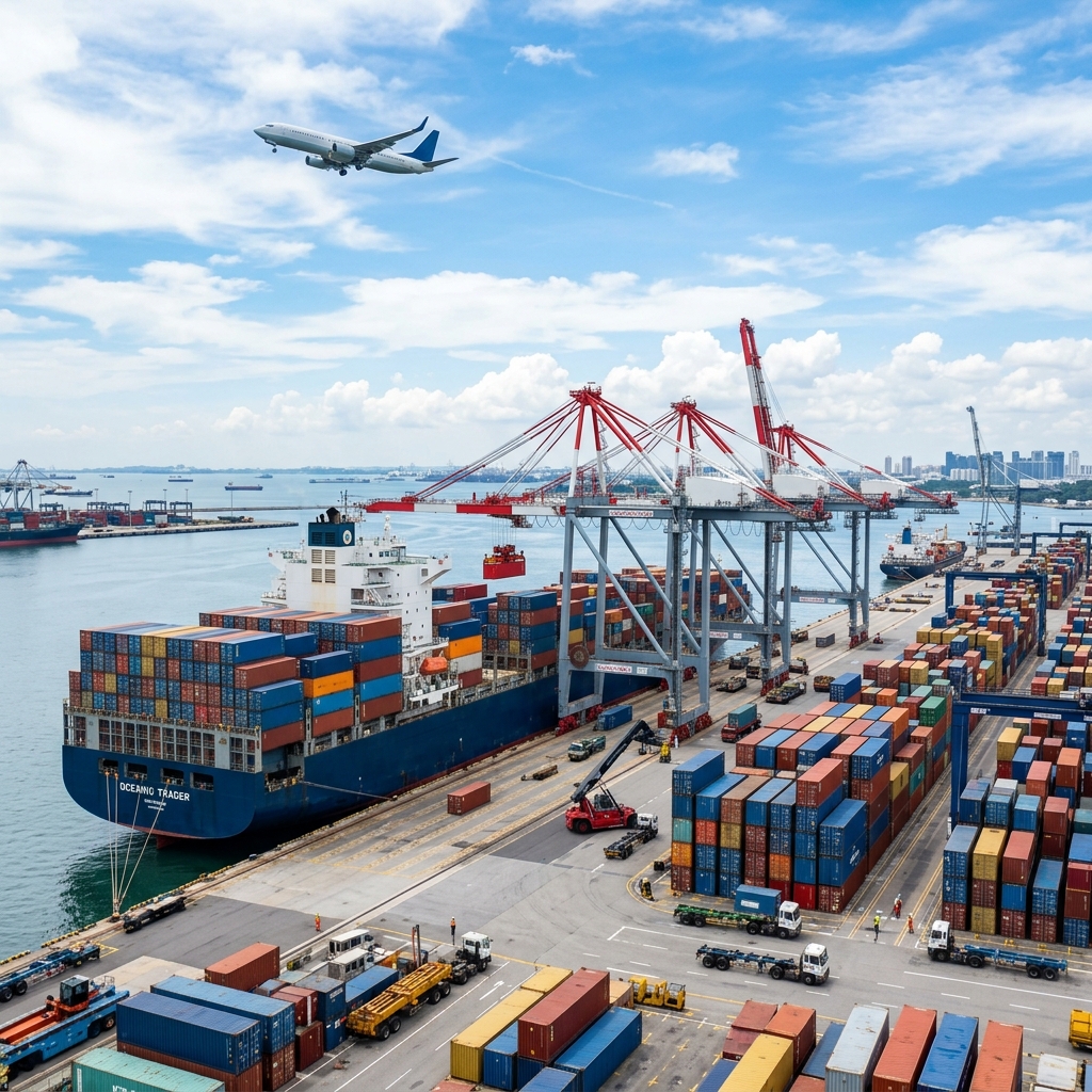 Container ship at international port with airplane